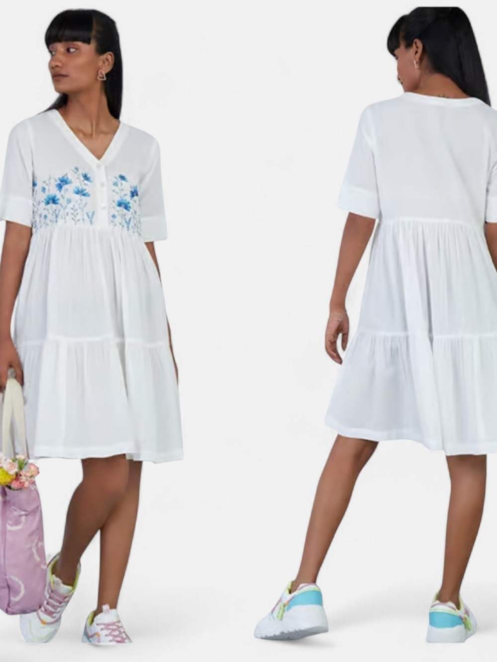 NWOT Bombay Paisley Women's White Cotton Floral Embroidered Dress Size Medium.